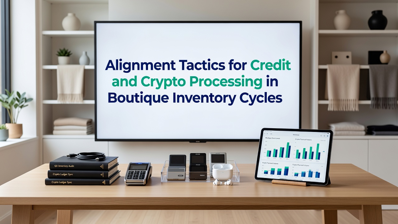 Boutique store inventory display with integrated payment terminals handling credit and crypto transactions
