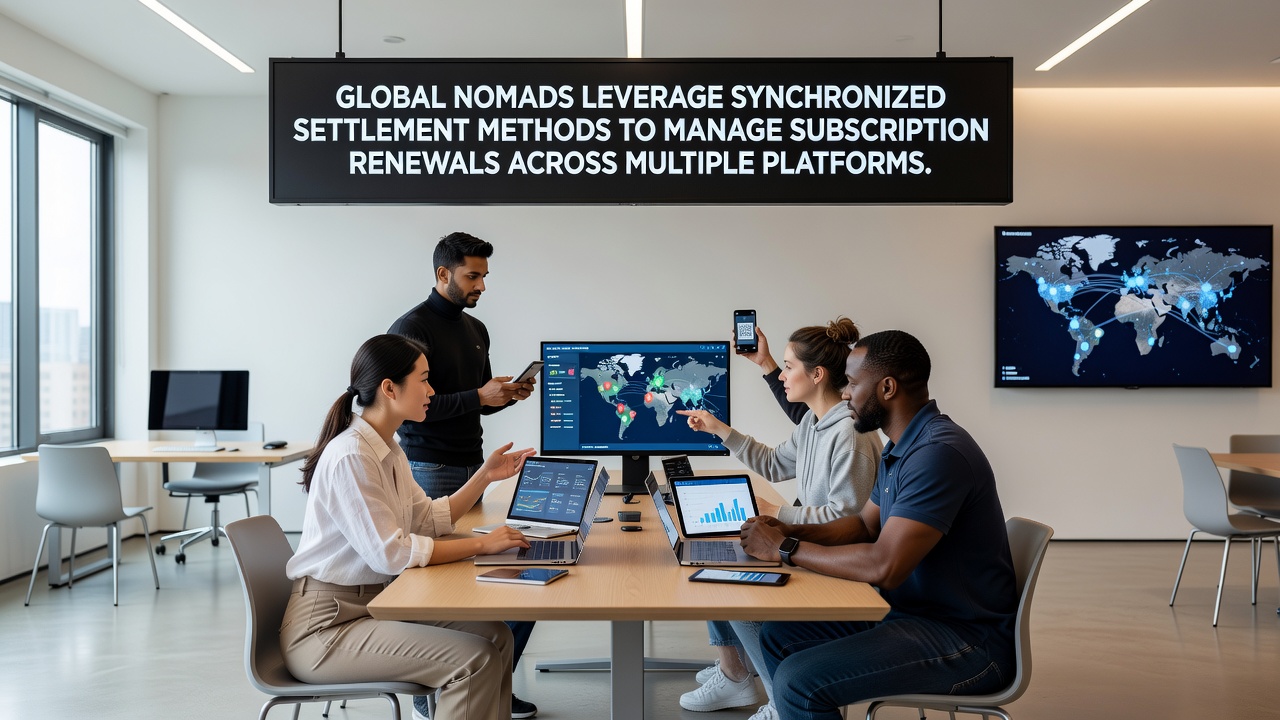 Digital nomad workspace showing currency conversion charts and subscription renewal calendar on a laptop screen
