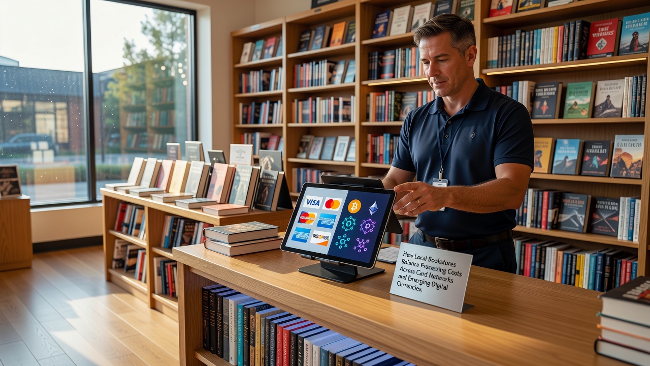 Bookseller reviewing transaction reports on a tablet during a book fair