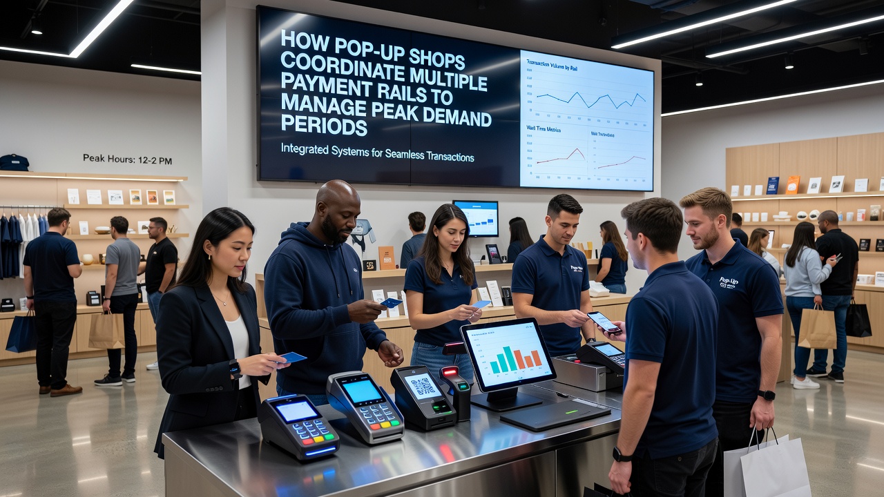 Pop-up shop setup with multiple payment terminals handling customer transactions during a busy market event