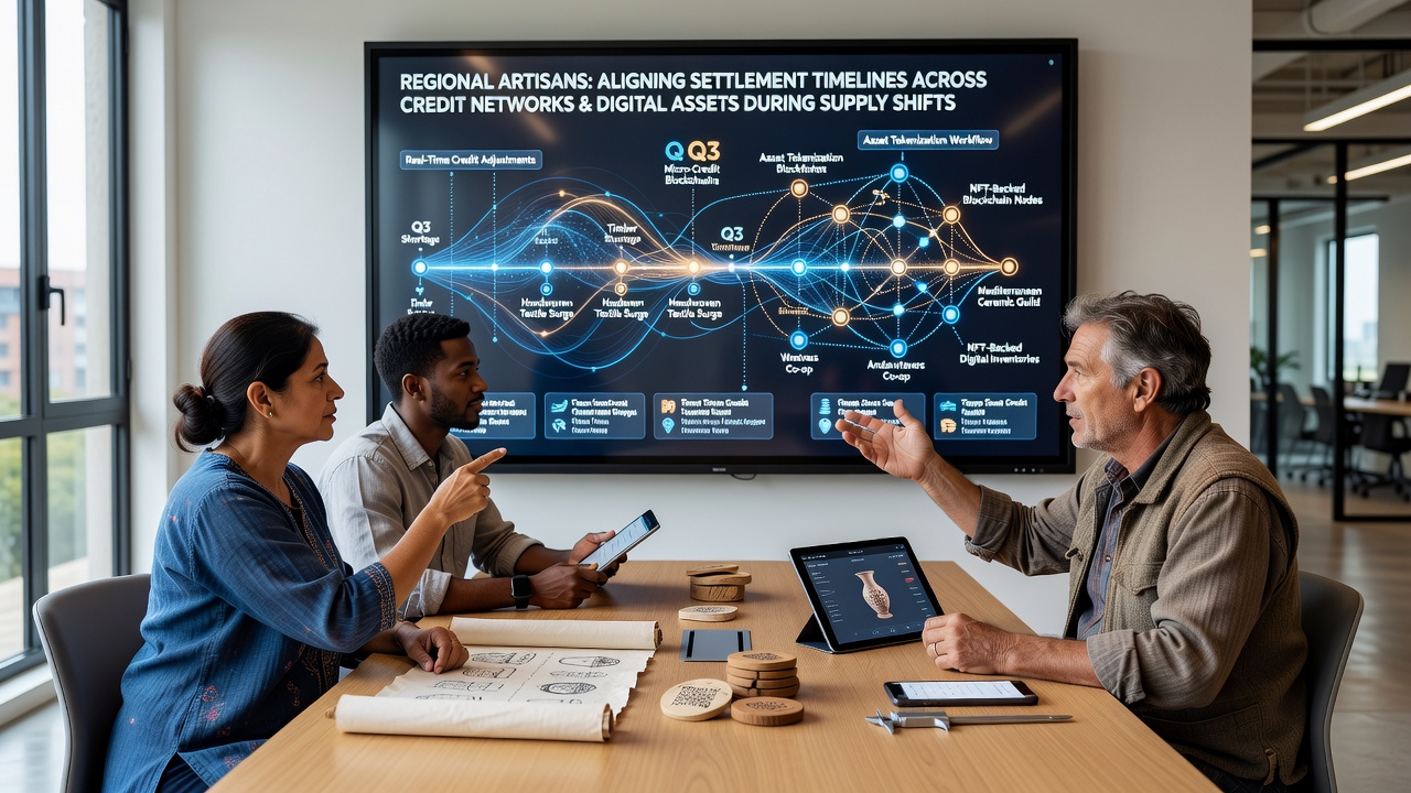 Regional artisans reviewing settlement timelines on digital interfaces connected to credit and crypto networks during supply adjustments