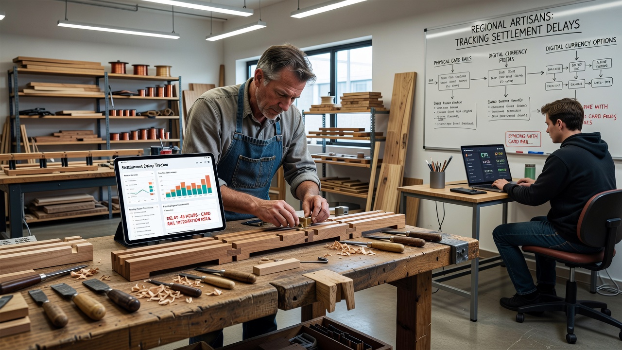 Artisan workspace displaying dual screens with card settlement reports alongside cryptocurrency transaction logs