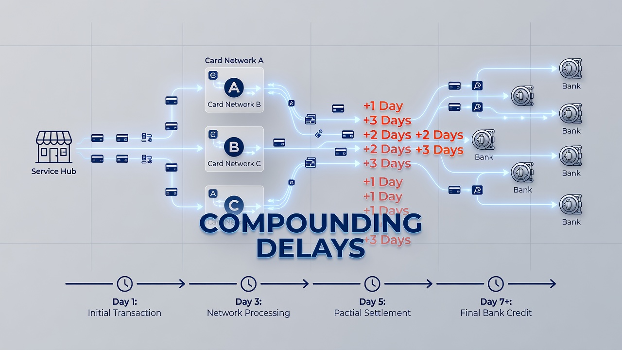 Flowchart illustrating reconciliation steps and delay points between card settlement batches and blockchain confirmations