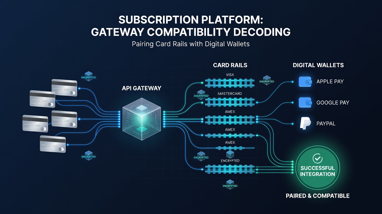 Flowchart of recurring payment routing between card rails and digital wallets in subscription systems