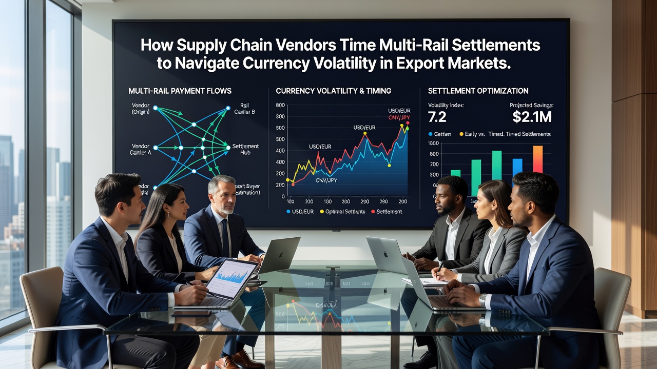 Global supply chain map showing timed multi-rail payment corridors across export regions