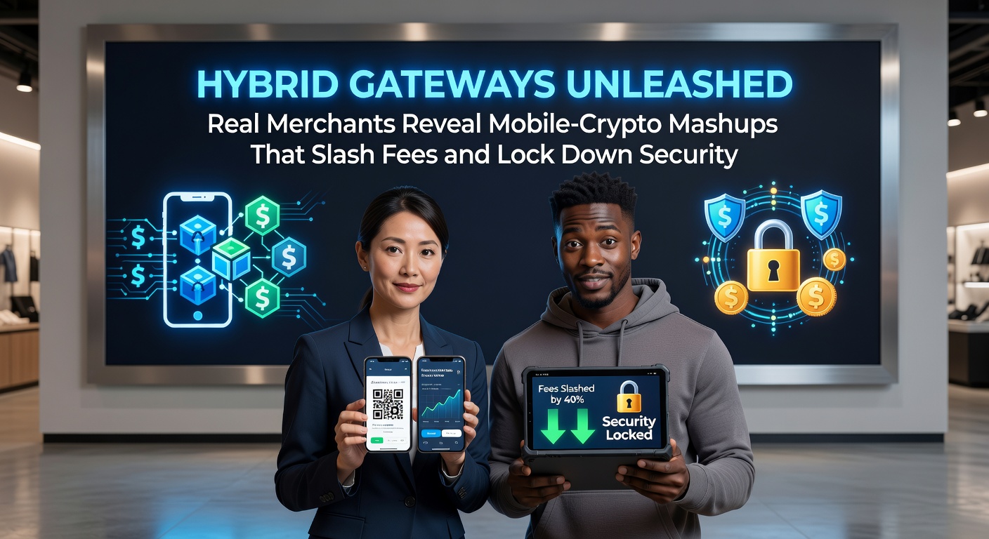Illustration of a merchant terminal integrating mobile payments with cryptocurrency icons, showing seamless transaction flow and locked security symbols