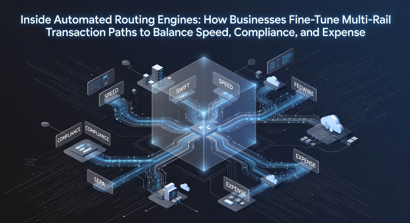 Diagram illustrating automated routing engine components managing multi-rail transaction flows across payment networks