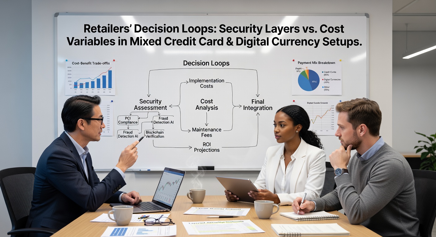 Retail payment analysts reviewing security protocols and expense models for credit card and cryptocurrency transaction systems