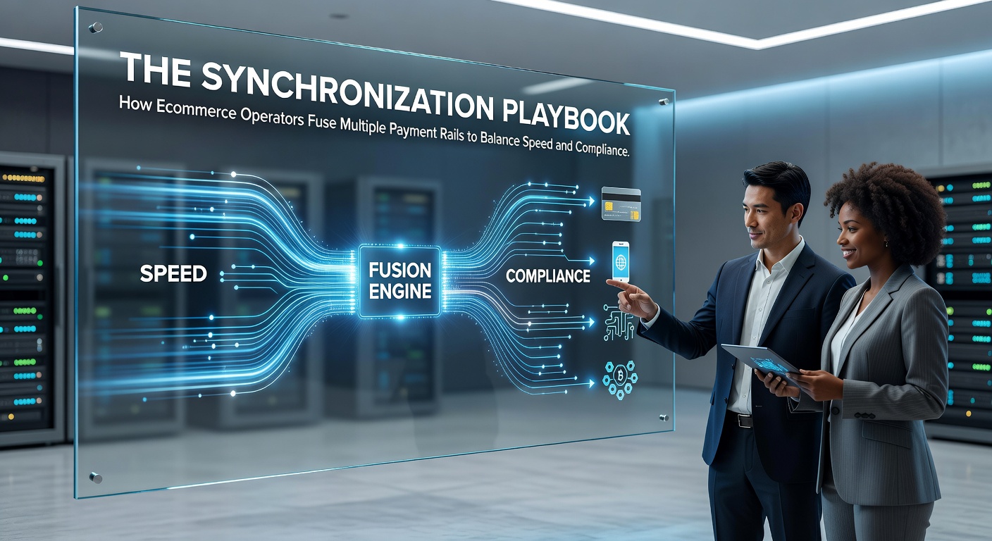 Ecommerce operators reviewing synchronized payment rails on multiple dashboards showing real-time transaction flows and compliance checkpoints