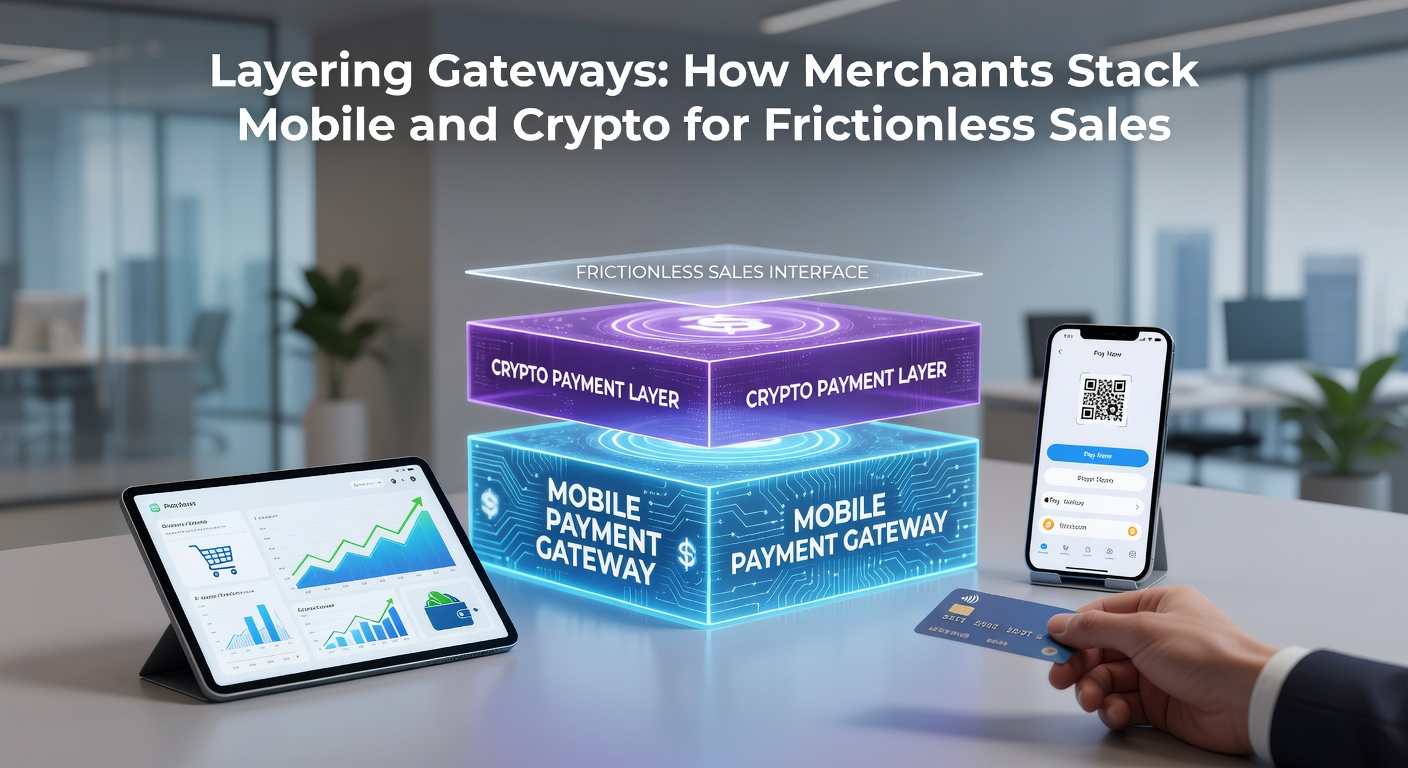 Illustration of layered payment gateways integrating mobile wallets and cryptocurrency flows for seamless merchant transactions