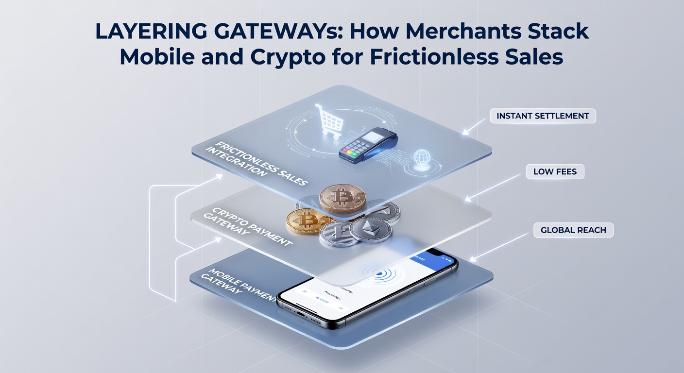 Diagram showing merchant dashboard with stacked mobile and crypto gateway integrations, highlighting reduced friction in sales pipelines