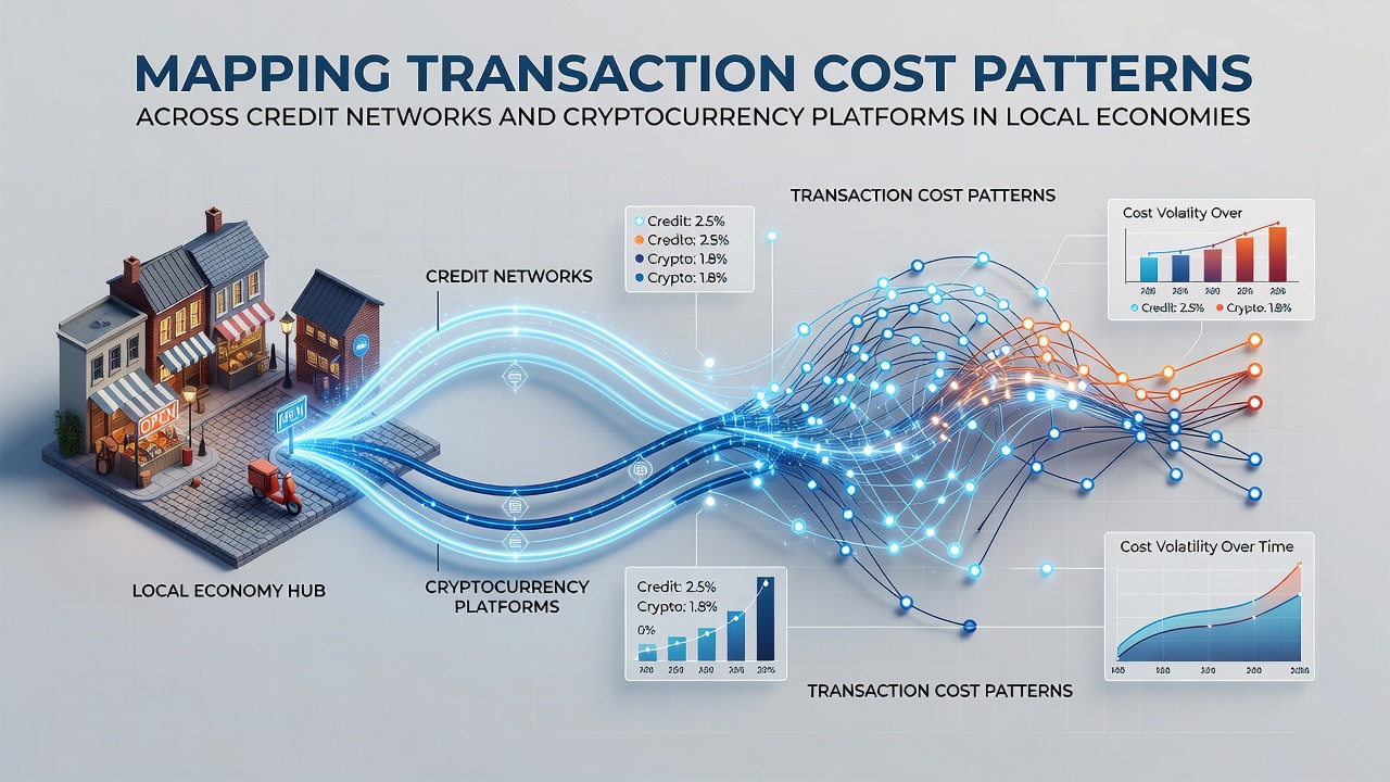 Diagram showing transaction cost flows between credit card networks and cryptocurrency platforms in a local economy setting