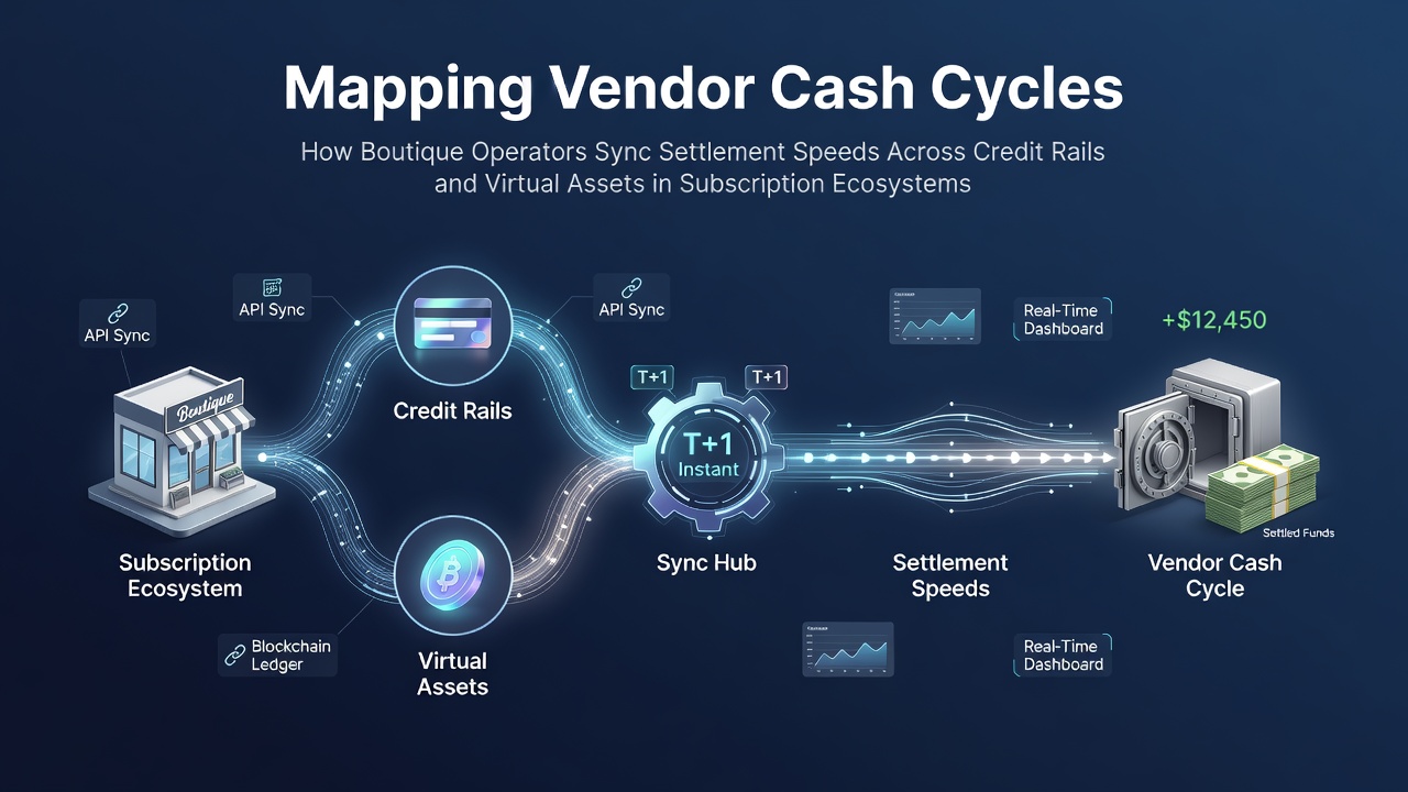 Boutique subscription operators reviewing settlement timelines across credit and virtual asset rails on a digital dashboard