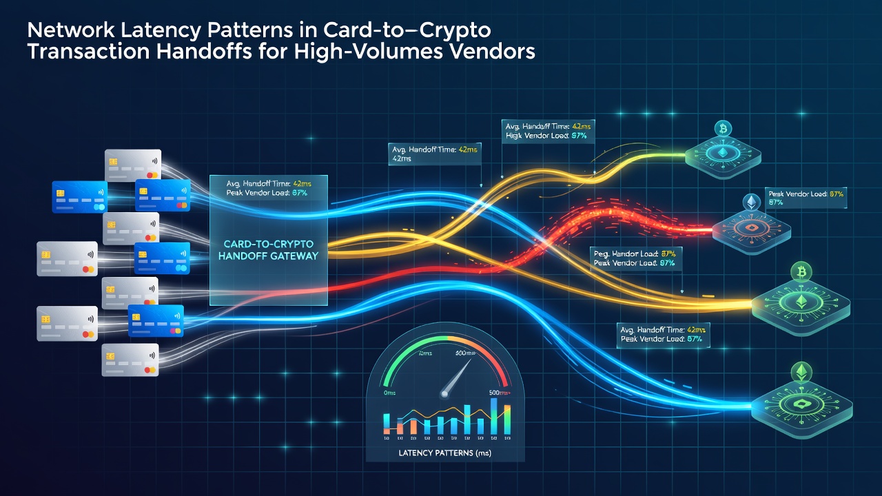 Diagram showing card-to-crypto transaction handoff points and latency measurement zones in vendor systems