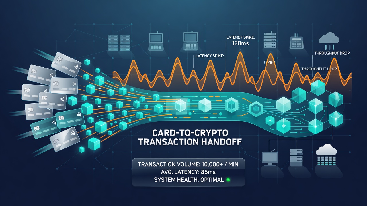 Graph illustrating latency spikes during card-to-crypto handoffs over a 24-hour period for high-volume vendors