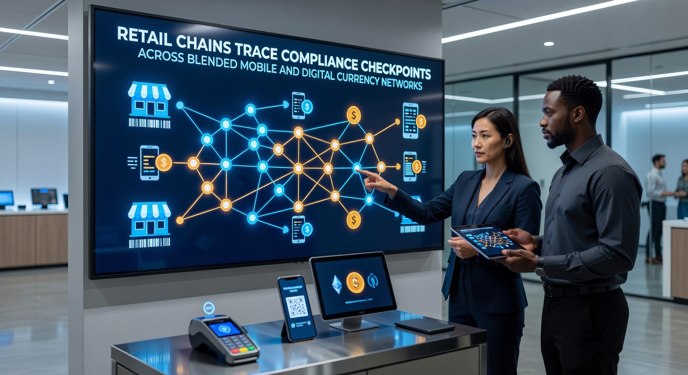 Retail chain staff reviewing transaction logs on mobile devices integrated with digital currency verification systems
