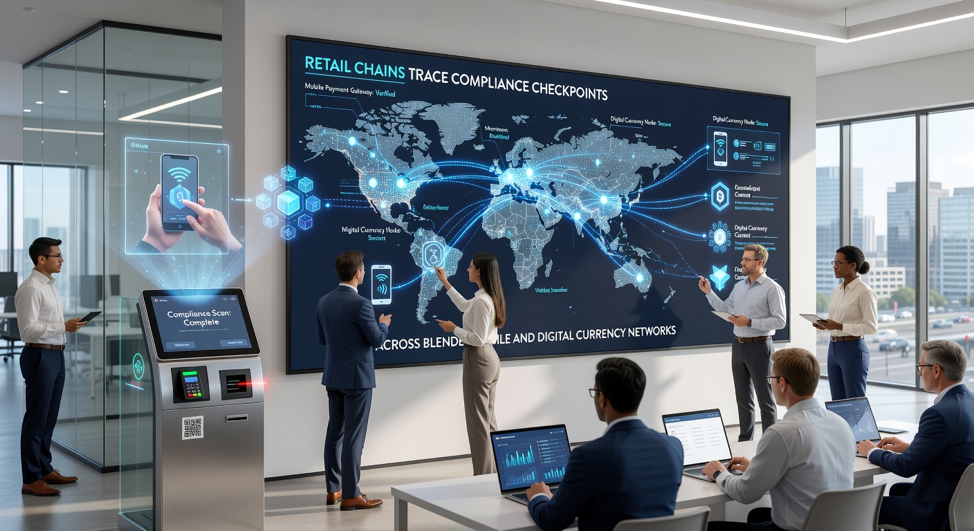 Dashboard displaying synchronized compliance checkpoints for mobile and digital currency transactions in a retail environment