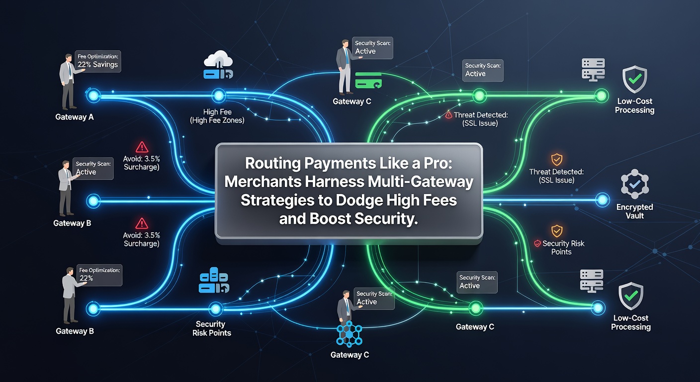 Diagram illustrating payment flow across multiple gateways, highlighting routes that bypass high fees while adding security checkpoints