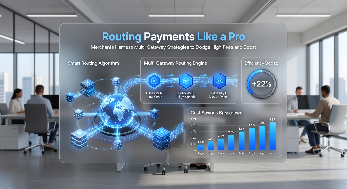 Chart comparing fee savings and security improvements for merchants using single vs. multi-gateway routing strategies