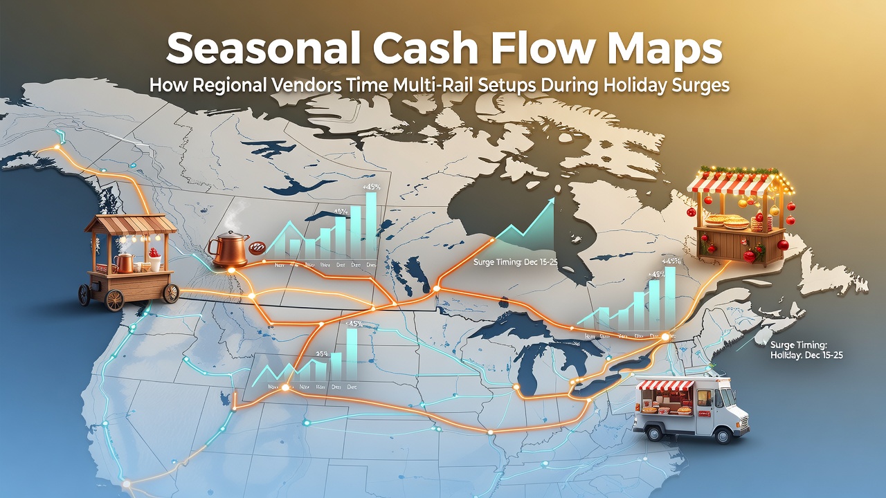 Regional vendors analyzing seasonal cash flow maps while configuring multi-rail payment systems ahead of holiday demand spikes