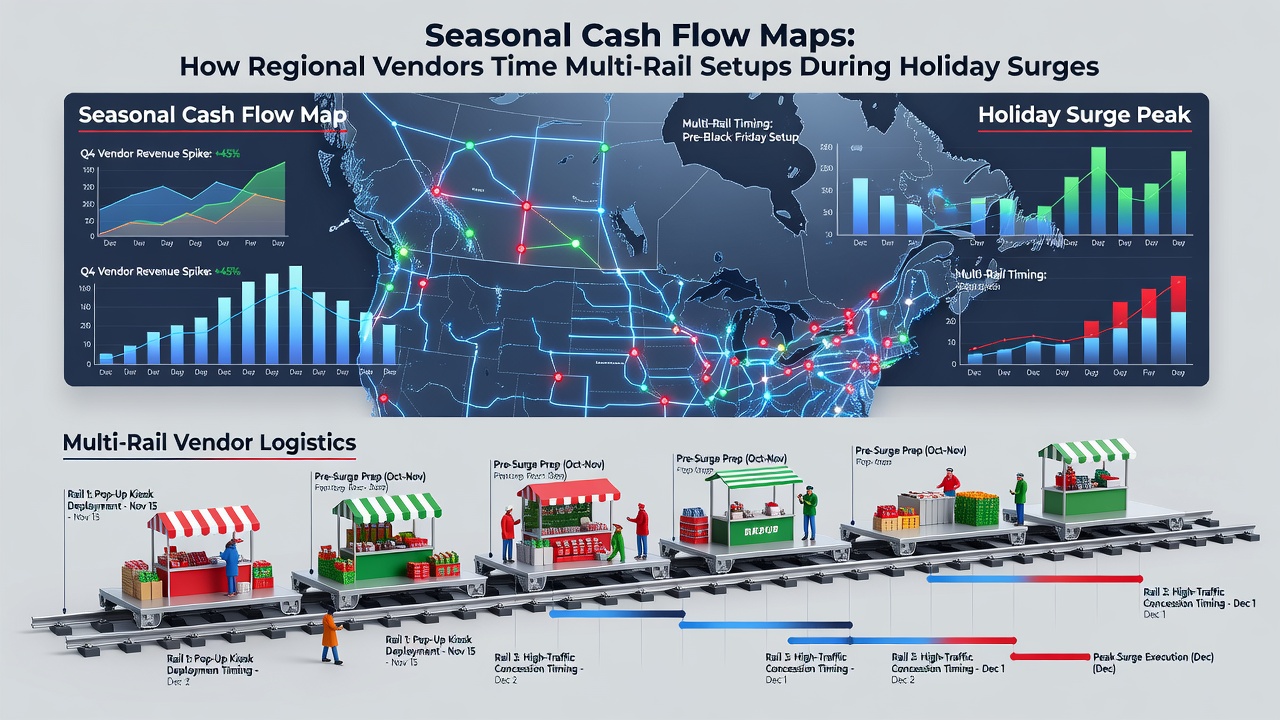 Merchants reviewing real-time cash flow dashboards during holiday peak with multiple payment rails active