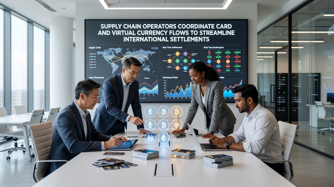 Supply chain operators reviewing integrated card and virtual currency transaction dashboards for international settlements