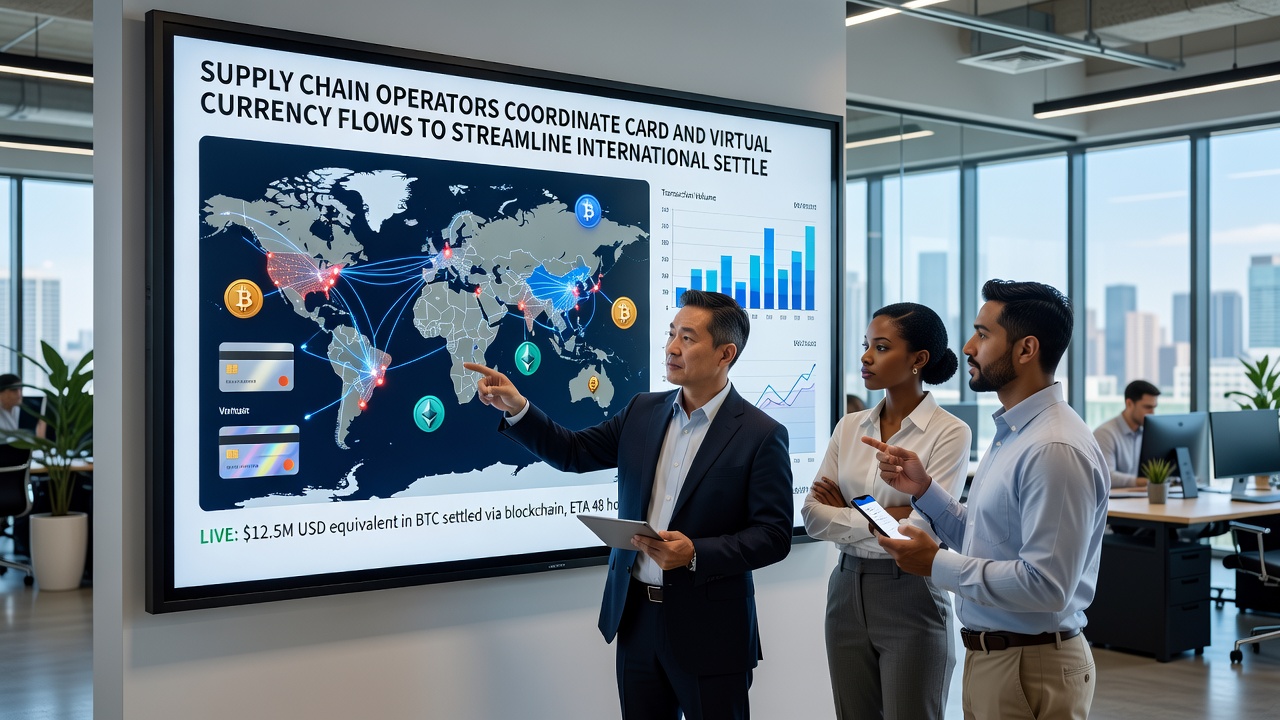 Logistics teams coordinating blended payment flows between card networks and virtual currencies in a warehouse setting