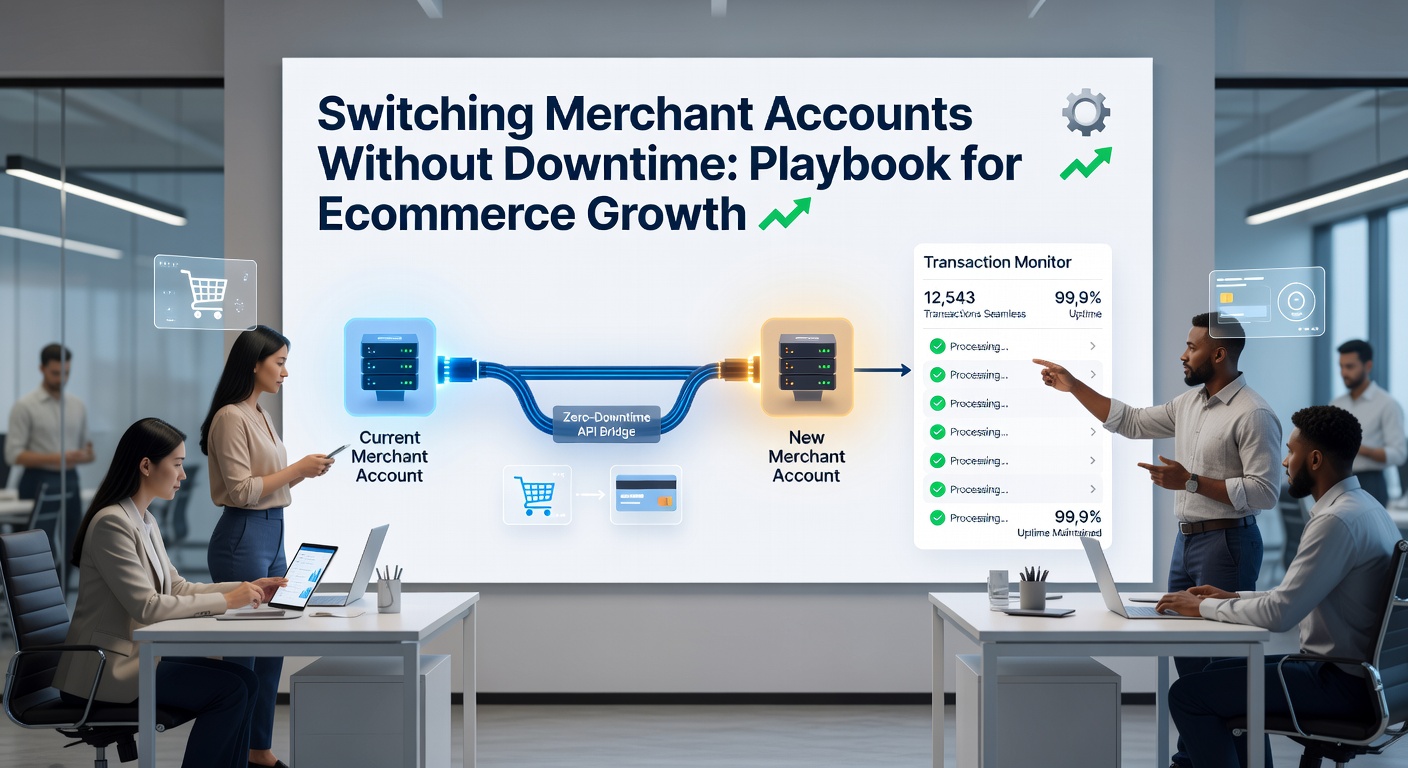 Ecommerce dashboard showing seamless payment processing during a merchant account switch, with graphs indicating zero downtime and steady sales flow