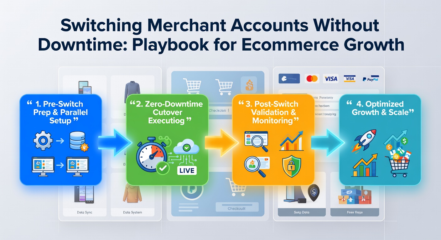 Technical diagram illustrating parallel payment processing pipelines during a merchant account transition, highlighting data sync, testing phases, and live cutover