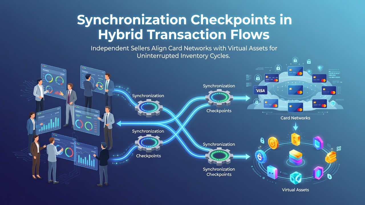 Independent sellers reviewing transaction synchronization points between card networks and virtual asset systems on digital dashboards