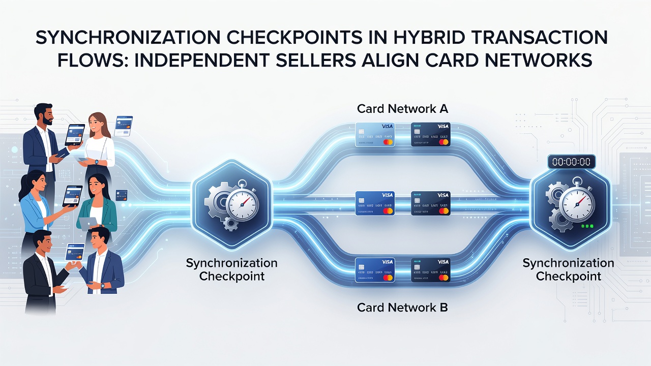 Flow diagram showing checkpoint stages linking card processing rails to virtual asset confirmations in seller backend systems