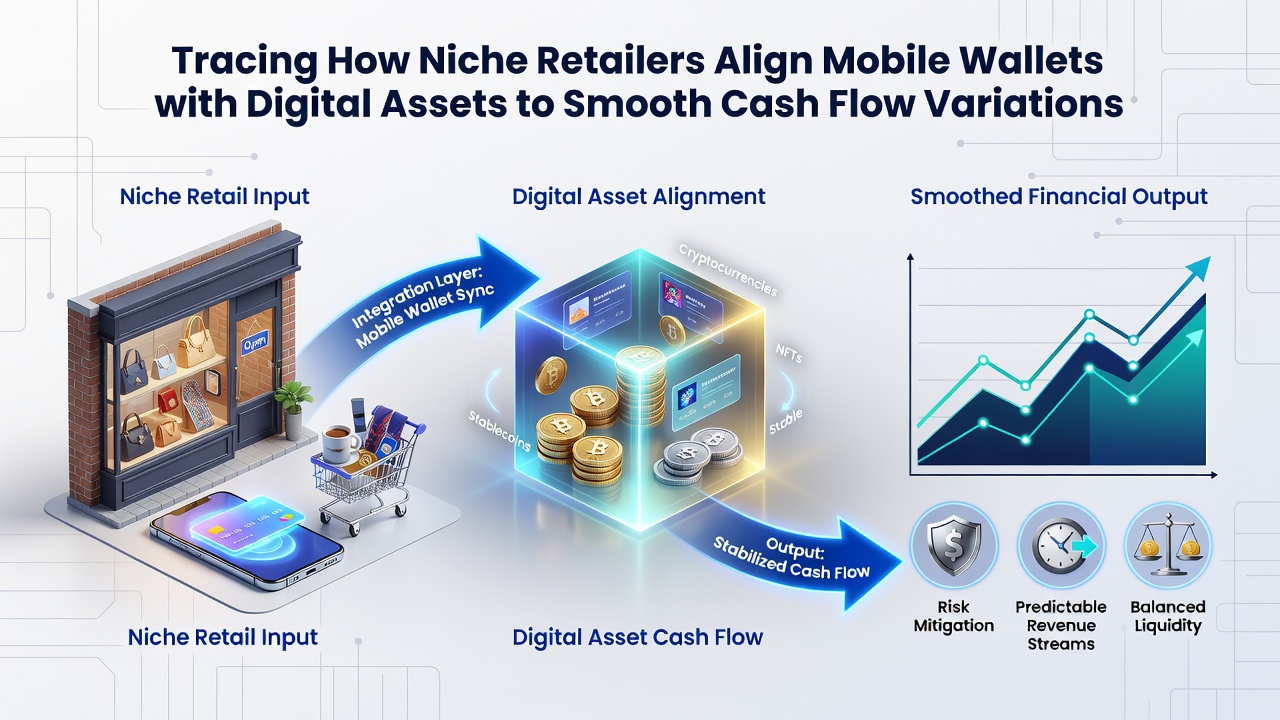Niche retailer using mobile wallet integration at checkout counter with digital asset displays on screen