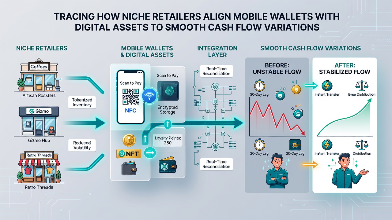 Dashboard view showing cash flow metrics from mobile wallets and digital asset conversions in a retail setting